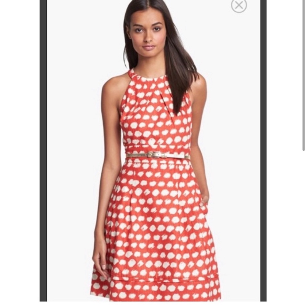 Eliza J Gold Belted Red Polka Dot Halter Pin Up Dress Size 8